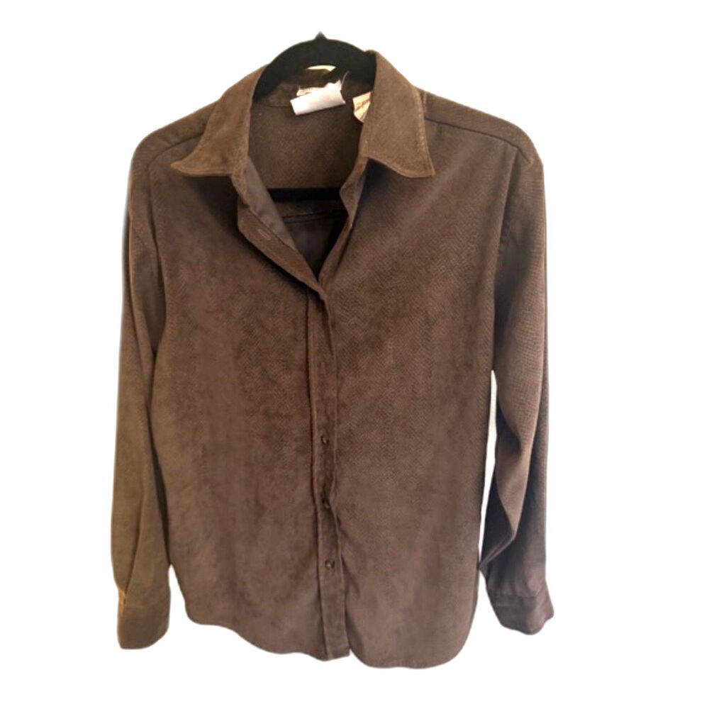 Bill Blass Brown Button Front Blouse Size M Stretch Long Sleeve Classic Top